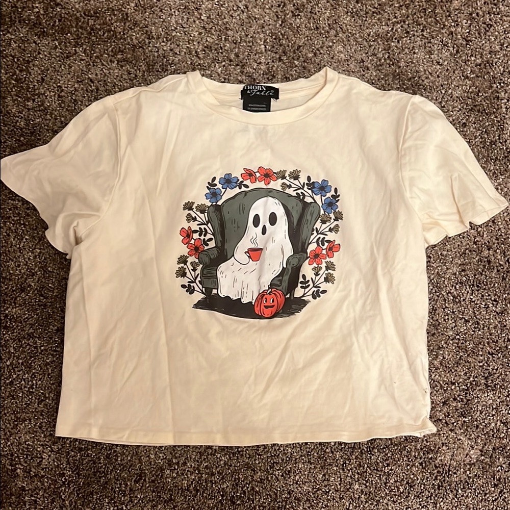 Cream Graphic Tee with Ghost Design